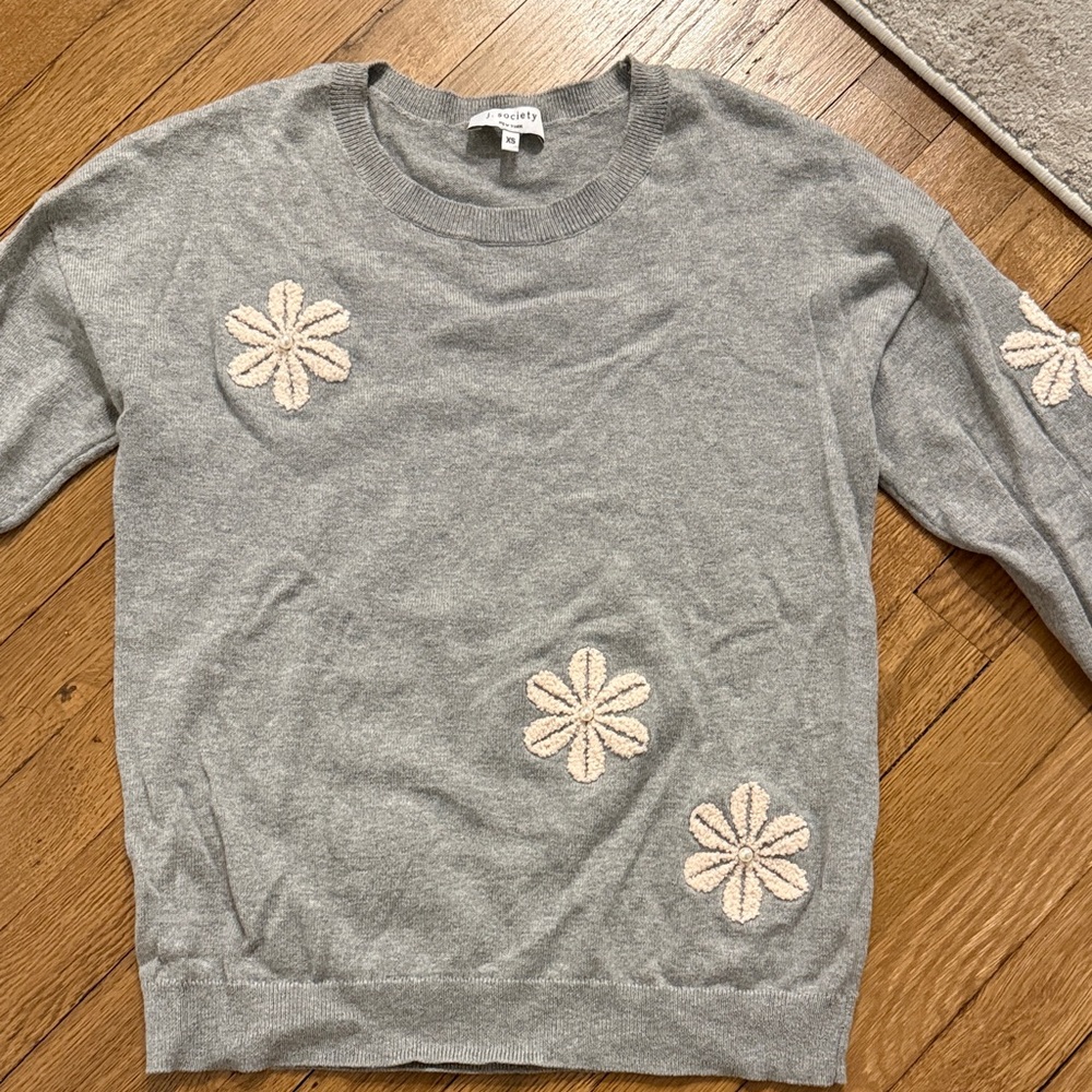 Society Gray Sweater with Cream Floral Accents
